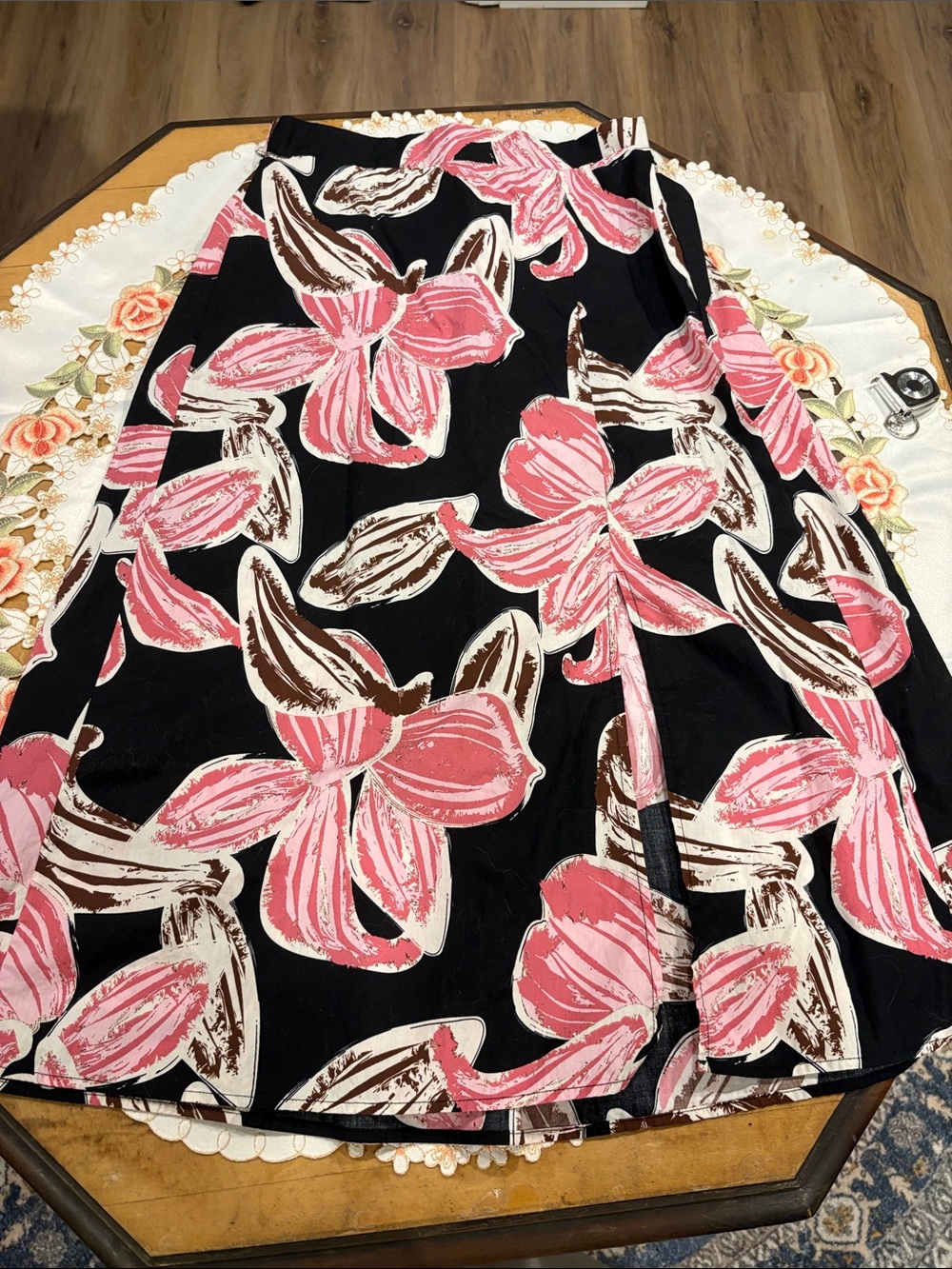 Black Floral cotton A-Line Skirt with Pink & Brown Blooms